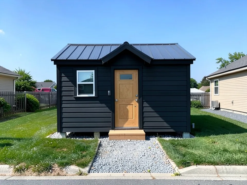 The same tiny house with near-black charcoal siding, black trim and a natural wood front door; metal roof and path kept