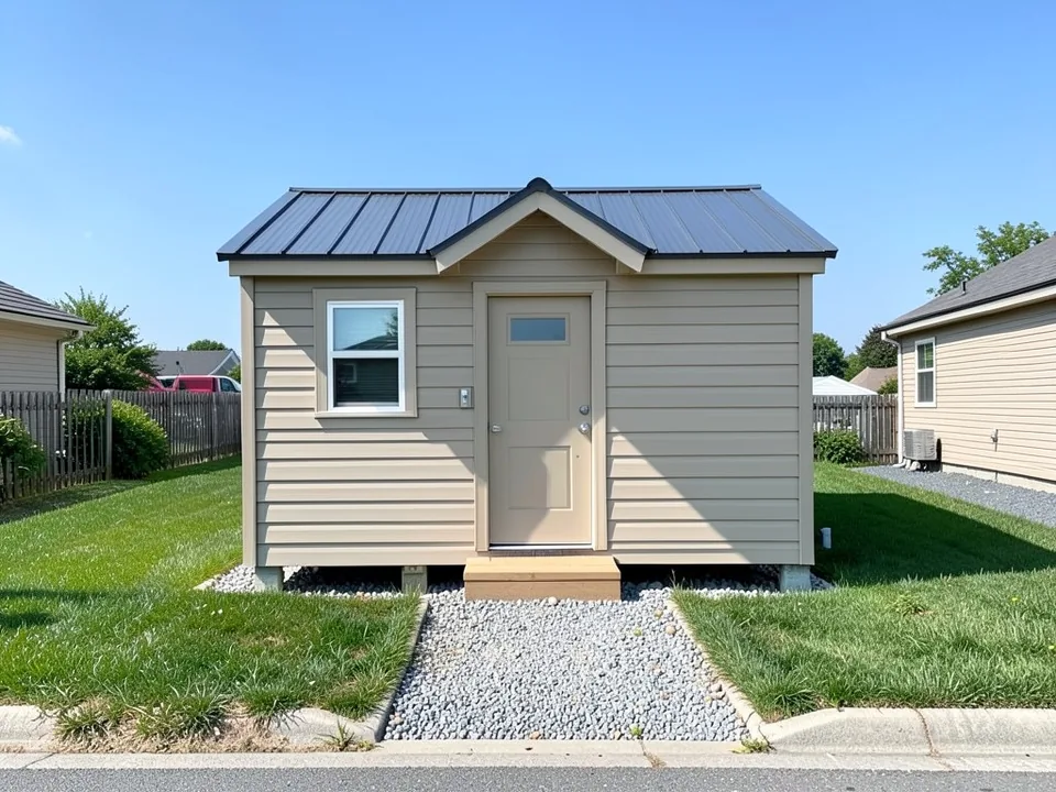 AI-drawn generic stand-in of a small single-story box-shaped tiny house with plain beige siding and trim, a simple front door, a dark metal roof and a gravel path