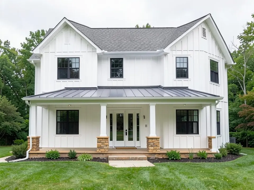 The same farmhouse with warm tan and brown ledgestone bases on the four porch columns; the upper columns, siding and windows unchanged