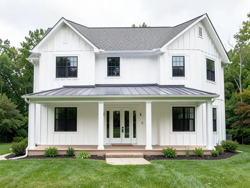 White two-story farmhouse-style house with board and batten siding, black windows and a covered front porch on four white square columns