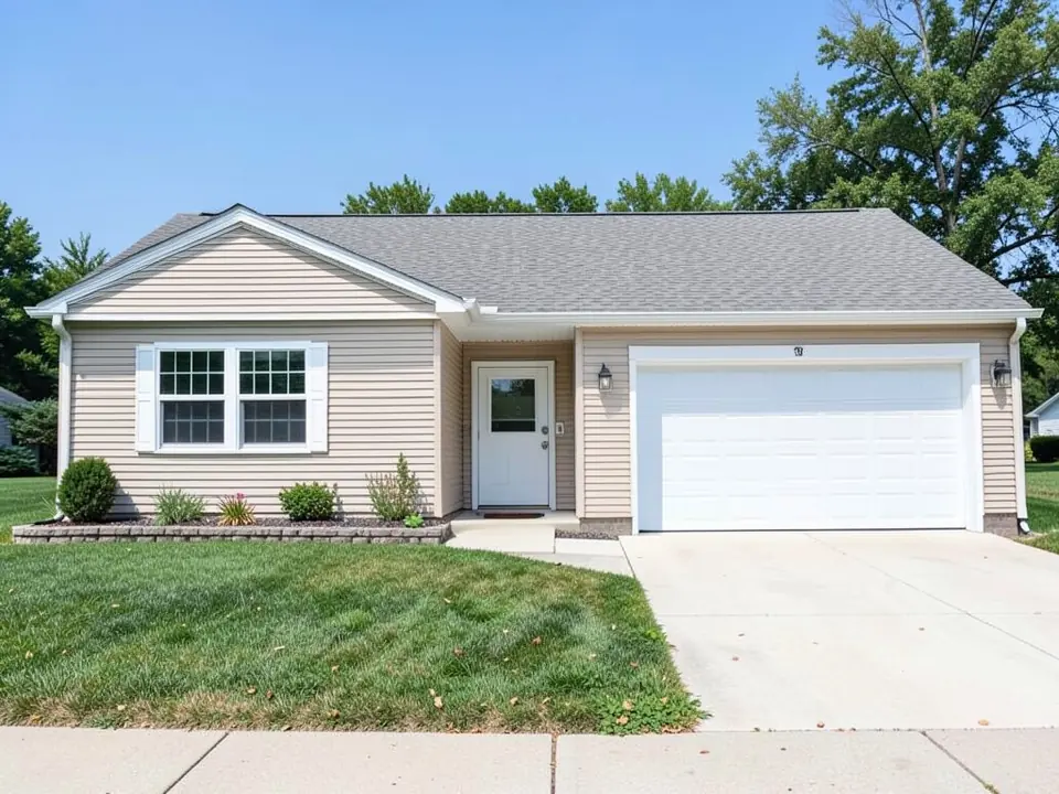 Single-story ranch house with beige horizontal vinyl siding, white trim, white windows and a white two-car garage door