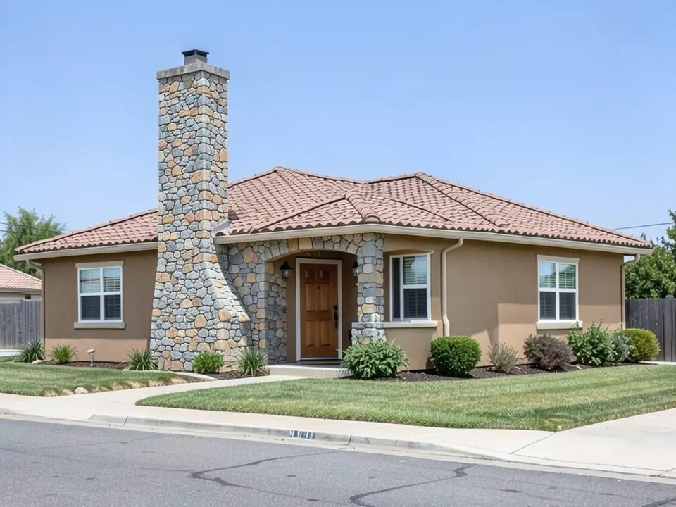 The same house with the chimney and the front entry bay covered in gray, tan and brown fieldstone; the other walls stay tan stucco