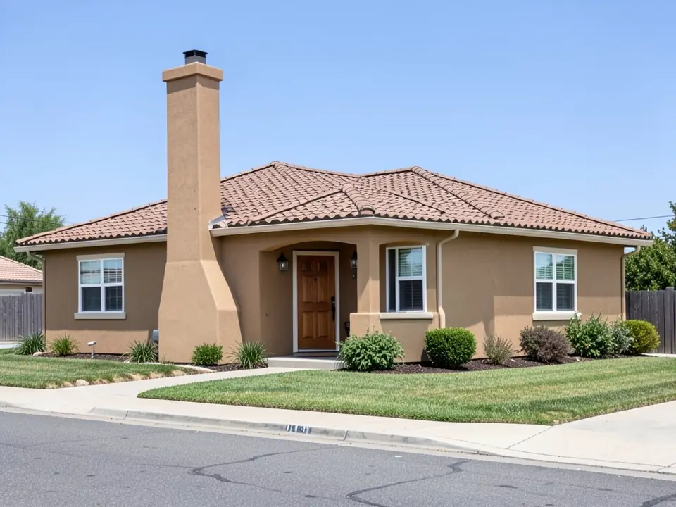 Single-story tan stucco house with a tile roof, a front entry bay with a wooden door and a tall stucco chimney on the front