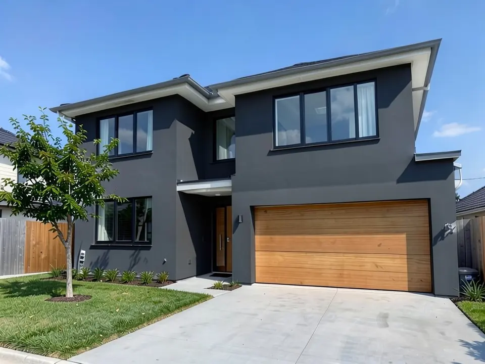 The same house with dark charcoal gray stucco walls; black window frames, wood garage door, light roof edges and driveway kept