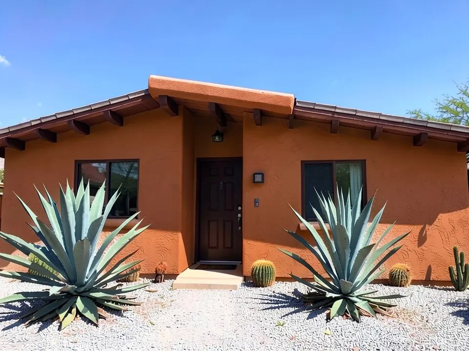 The same house with terra cotta orange-brown stucco walls; beams, door, gravel yard and agaves kept