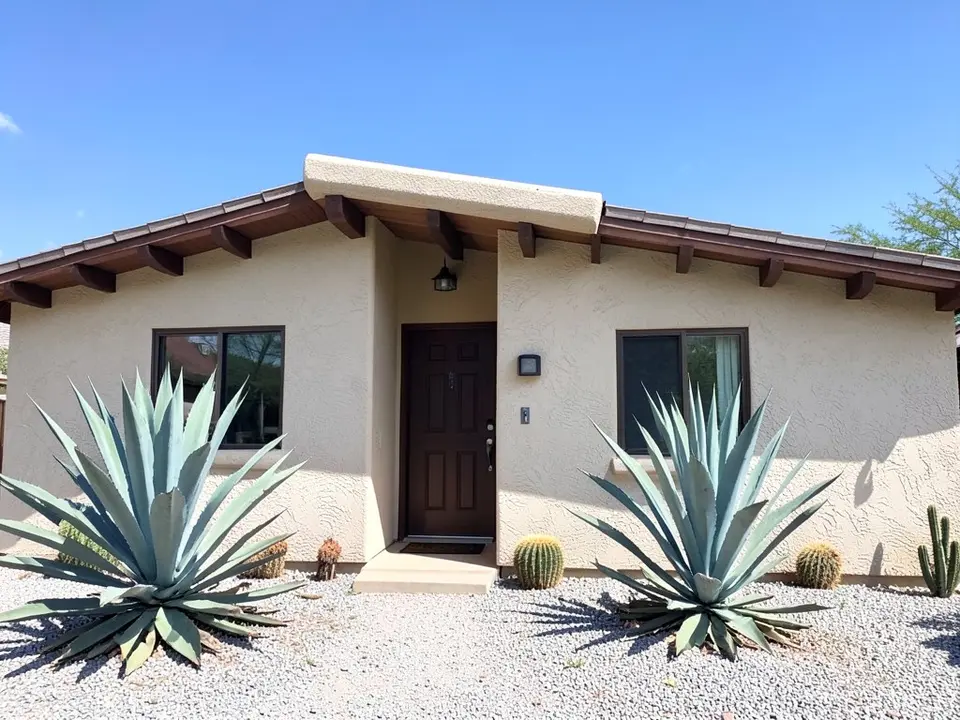 AI-drawn generic stand-in of a one-story southwestern-style house with pale beige rough stucco walls, exposed dark brown wood beams under a low-pitched roof, a dark brown front door, a gravel yard and large agave plants