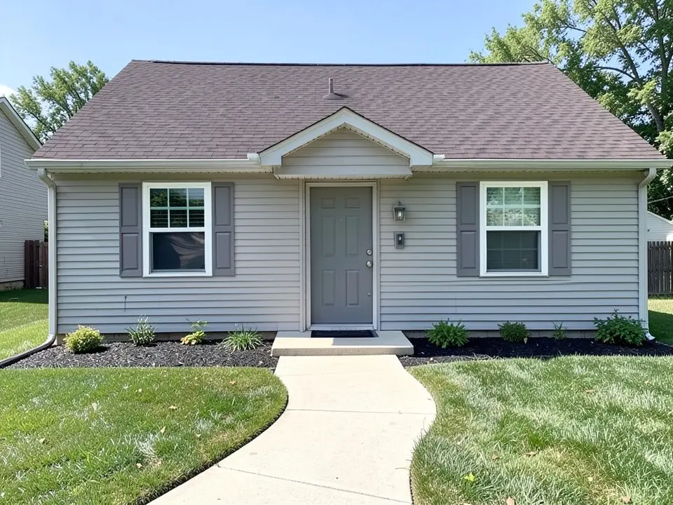 AI-drawn generic stand-in of a one-story ranch house with light gray siding, gray window trim, gray shutters, a gray front door and a dark brown roof