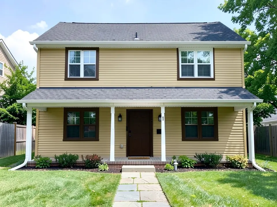 The same house with khaki tan siding, dark espresso brown window trim and front door, and the same porch and roof