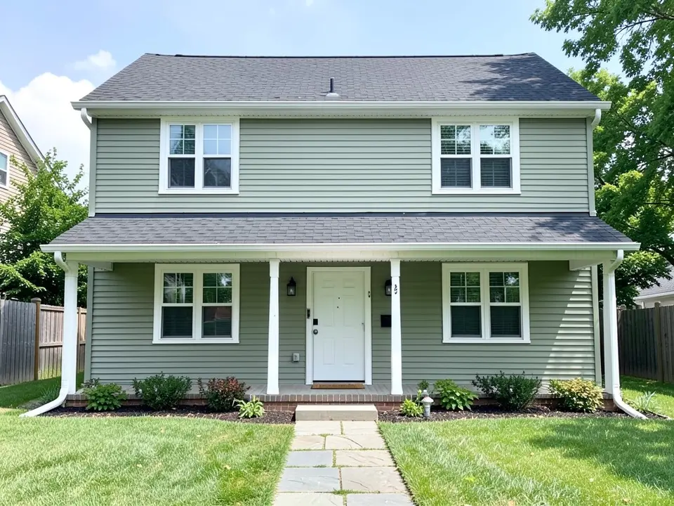 AI-drawn generic stand-in of a two-story house with sage green siding, white window trim, a white front door, a covered porch and a dark gray roof