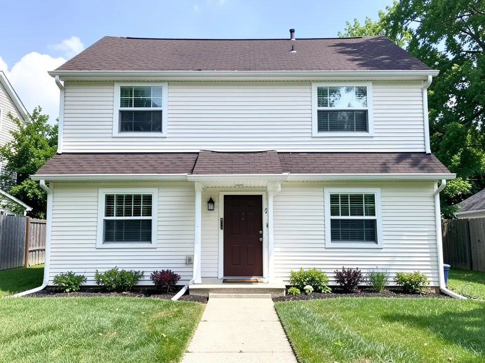 AI-drawn generic stand-in of a two-story house with white horizontal siding, white window trim, a dark red-brown front door and a dark brown roof