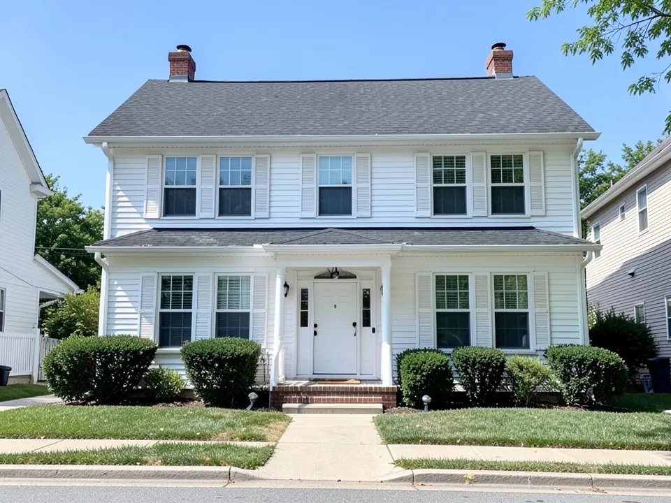 AI-drawn generic stand-in of a two-story colonial-style house with white siding, white shutters, white trim, a white front door and a dark gray shingle roof