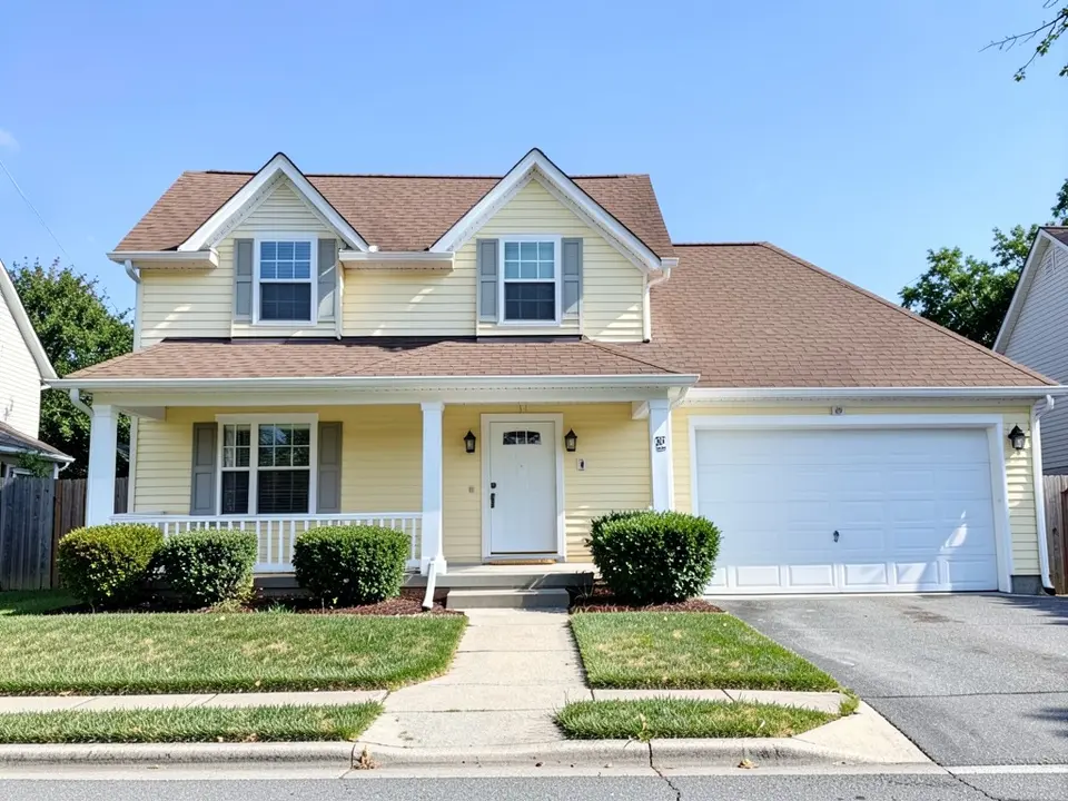 AI-drawn generic stand-in of a Craftsman-style house with pale yellow siding, gray shutters, white trim, white porch columns, a white front door, an attached garage with a white garage door and a brown shingle roof