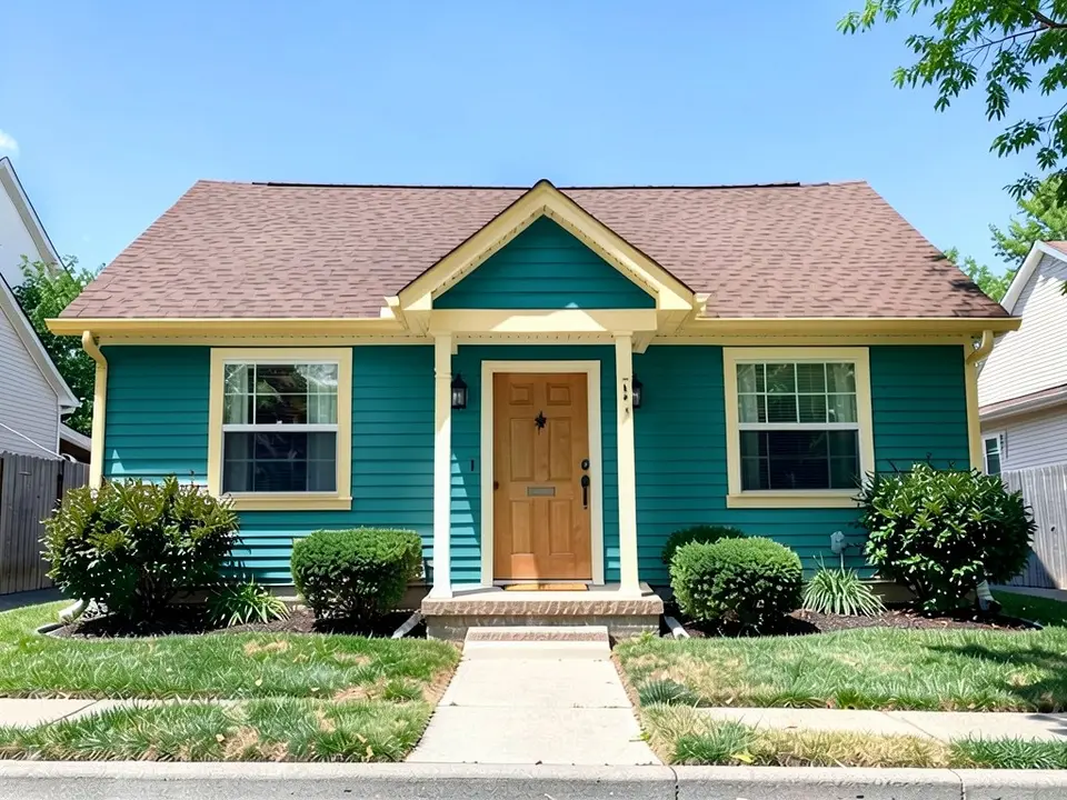 The same bungalow with medium teal siding and pale yellow-cream trim; wood door and white porch columns kept