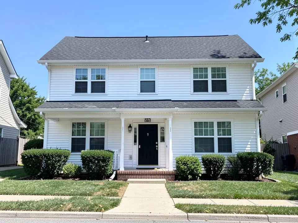 AI-drawn generic stand-in of a two-story house with white lap siding, white trim, a small front porch, a black front door and a dark gray shingle roof