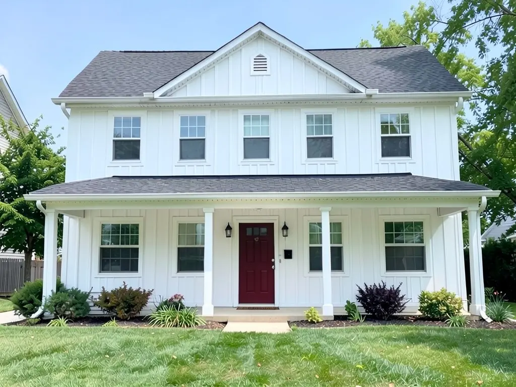 The same house with white vertical board and batten siding on every wall and the front gable; windows, roof, porch posts and red door kept
