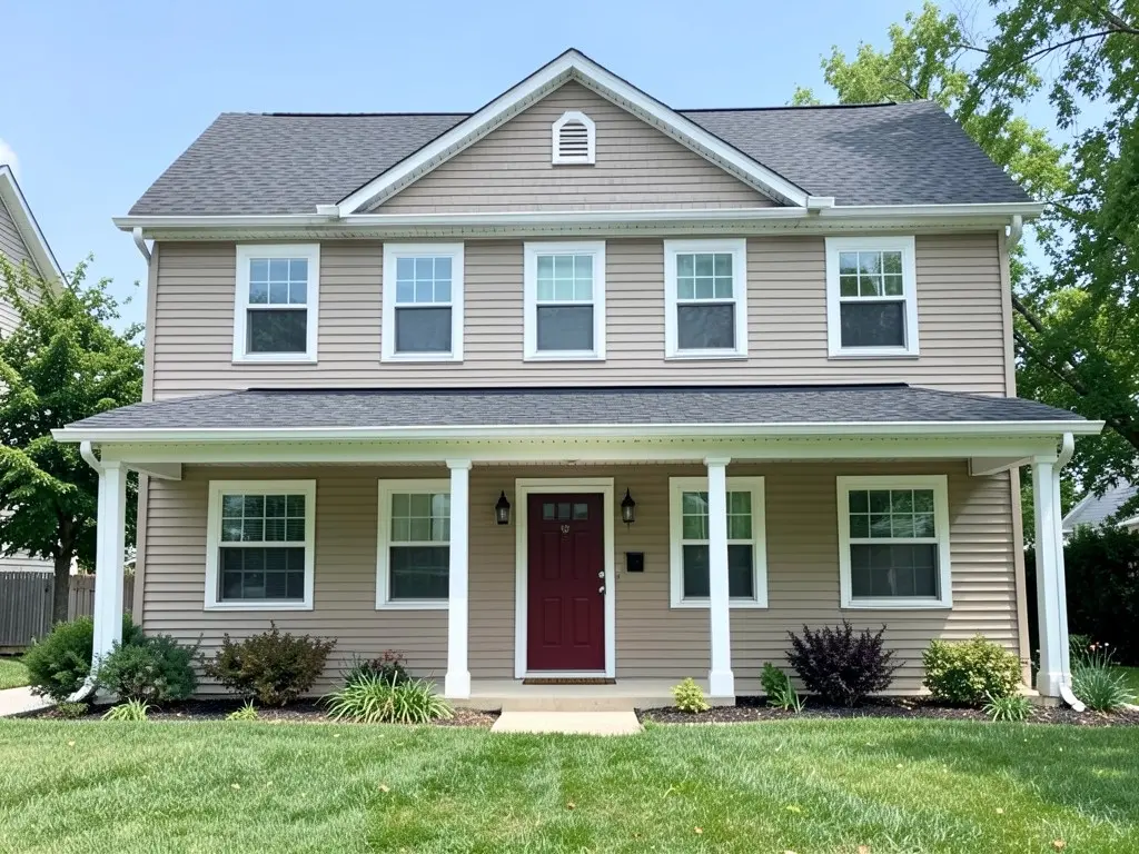 AI-drawn generic stand-in of a two-story house with beige horizontal vinyl lap siding, nine white-trimmed windows, a dark grey shingle roof with a front gable, a covered front porch with four white posts and a dark red front door