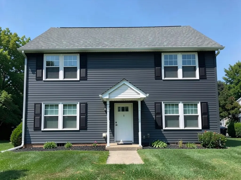 The same house with dark charcoal grey horizontal lap siding; white window trim, black shutters, white door, white entry roof and walkway kept