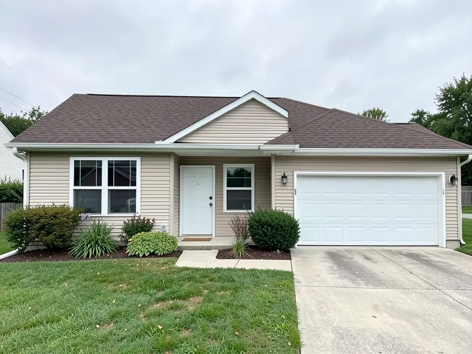 AI-drawn generic stand-in of a one-story ranch house with beige horizontal vinyl siding, white trim, a white front door, an attached two-car garage with a white door and a dark brown shingle roof