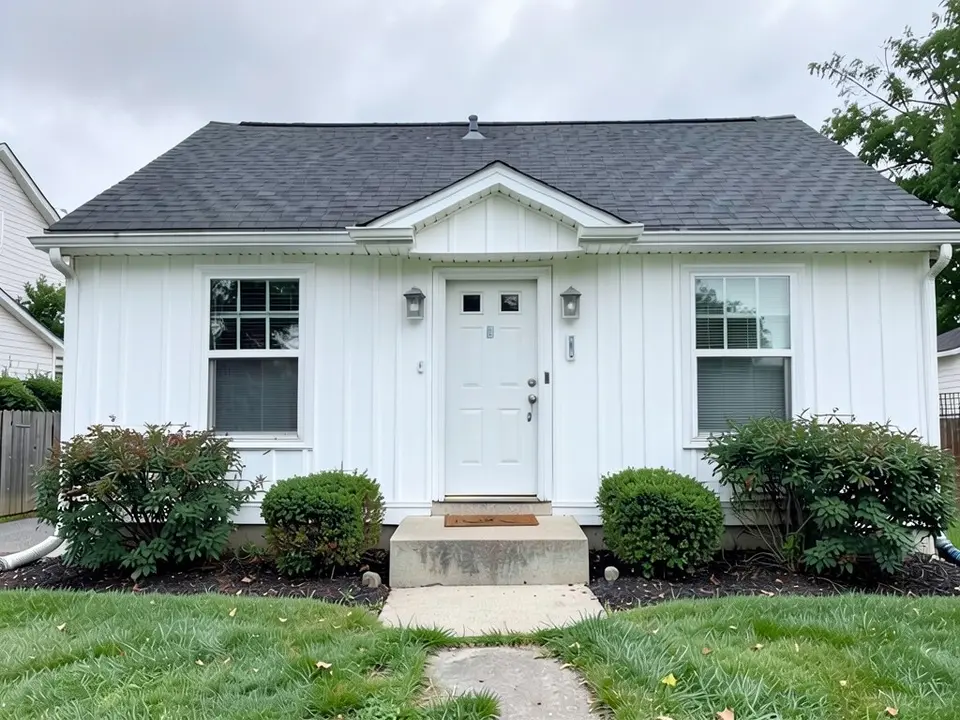 The same house with white vertical board and batten siding on every wall and the front gable; white trim, door, steps and dark gray roof kept