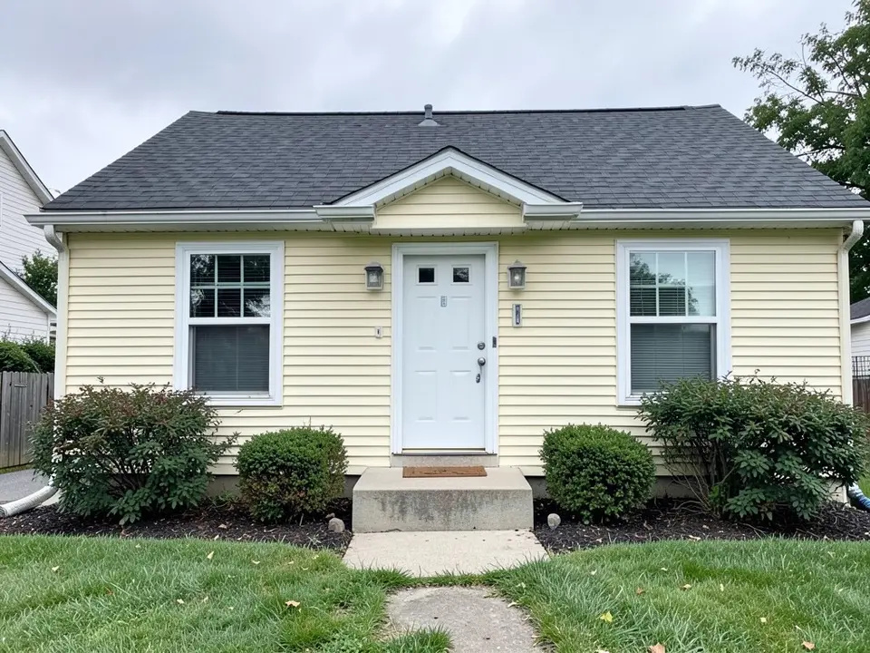 AI-drawn generic stand-in of a one-story ranch house with pale yellow horizontal vinyl siding, white trim, a white front door with concrete steps and a dark gray shingle roof