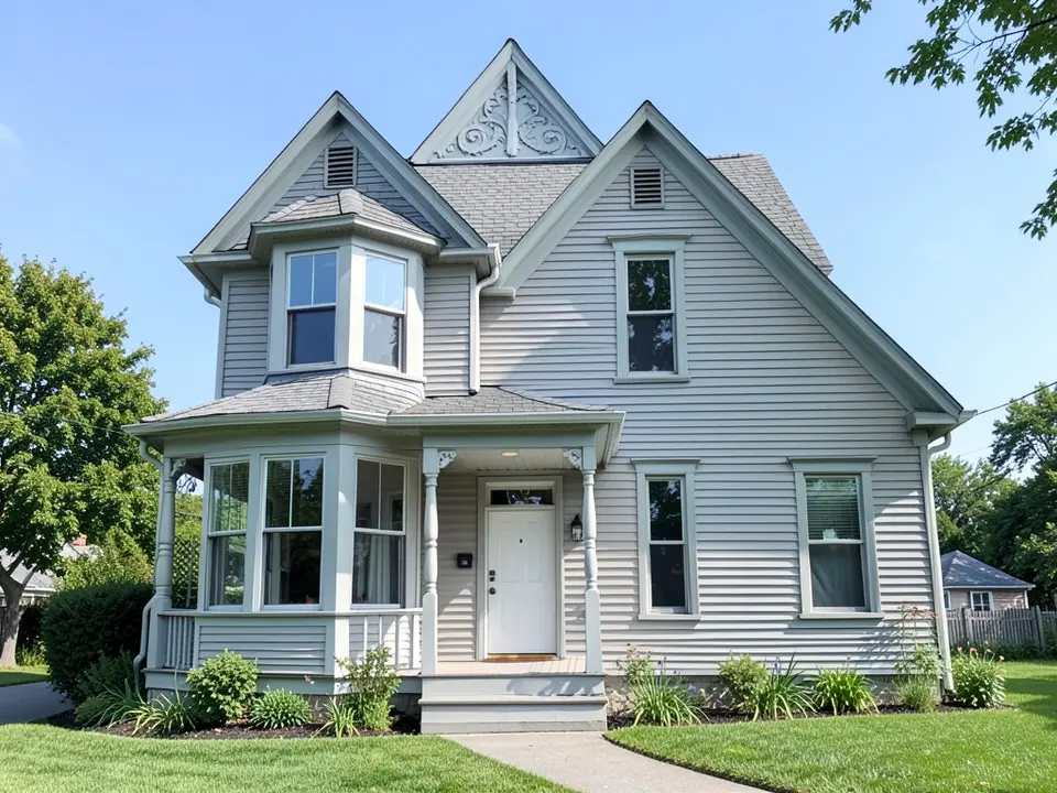 AI-drawn stand-in of a two-story Victorian house with light gray horizontal siding and light gray trim, a bay window on the left, steep gables with scrollwork in the peak, a gray shingle roof, a small front porch with turned posts and a white front door