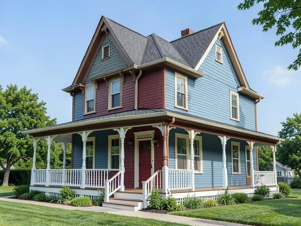 The same Victorian house with blue-gray siding, a deep red front section and door, white porch posts and railings, brown eaves and a gray-green gable; roof, porch and windows kept