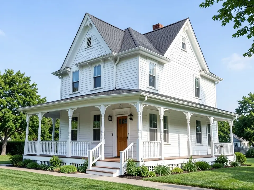 AI-drawn stand-in of a two-story Victorian house painted all white, with steep gables, fish-scale shingles in the gables, a dark gray shingle roof, a wraparound porch with turned posts, brackets and spindle railings, and a wood front door