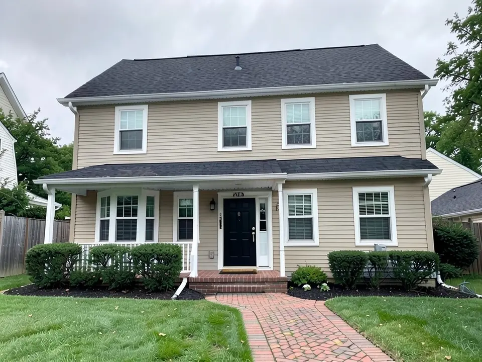 The same house with warm tan-beige vinyl lap siding; the white trim, black front door, roof and brick walkway kept