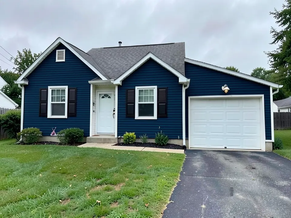 The same house with deep navy vinyl lap siding on the house and the garage wall; the white trim, black shutters, white garage door, roof and driveway kept