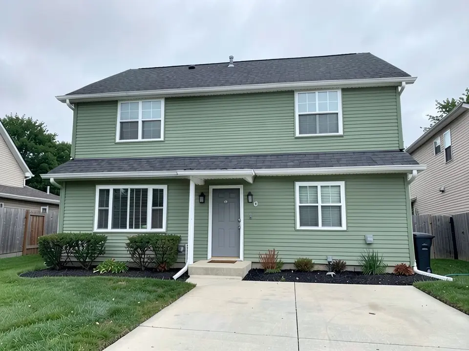 The same house with muted sage green vinyl lap siding; the white trim, gray roof, gray front door and driveway kept
