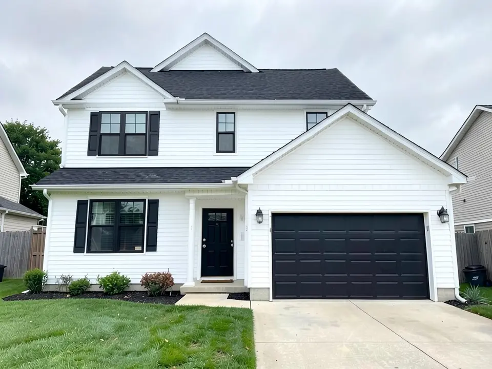The same house with bright white siding on every wall including the garage wall; the black shutters, black front door, black garage door and black roof kept