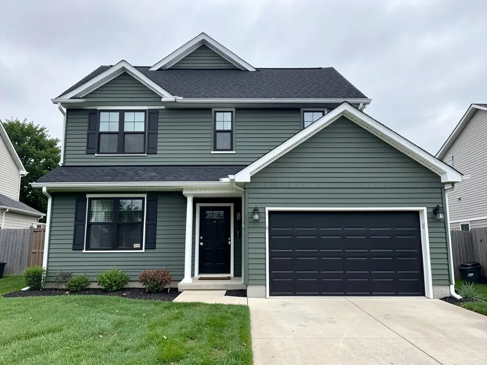AI-drawn generic stand-in of a two-story house with dark green horizontal siding, black shutters, a black front door, a black garage door, white gable trim and a black shingle roof