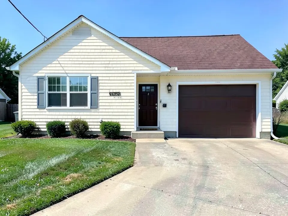 The same house with pale cream siding on every wall; the gray-blue shutters, dark front door, brown garage door and brown roof kept