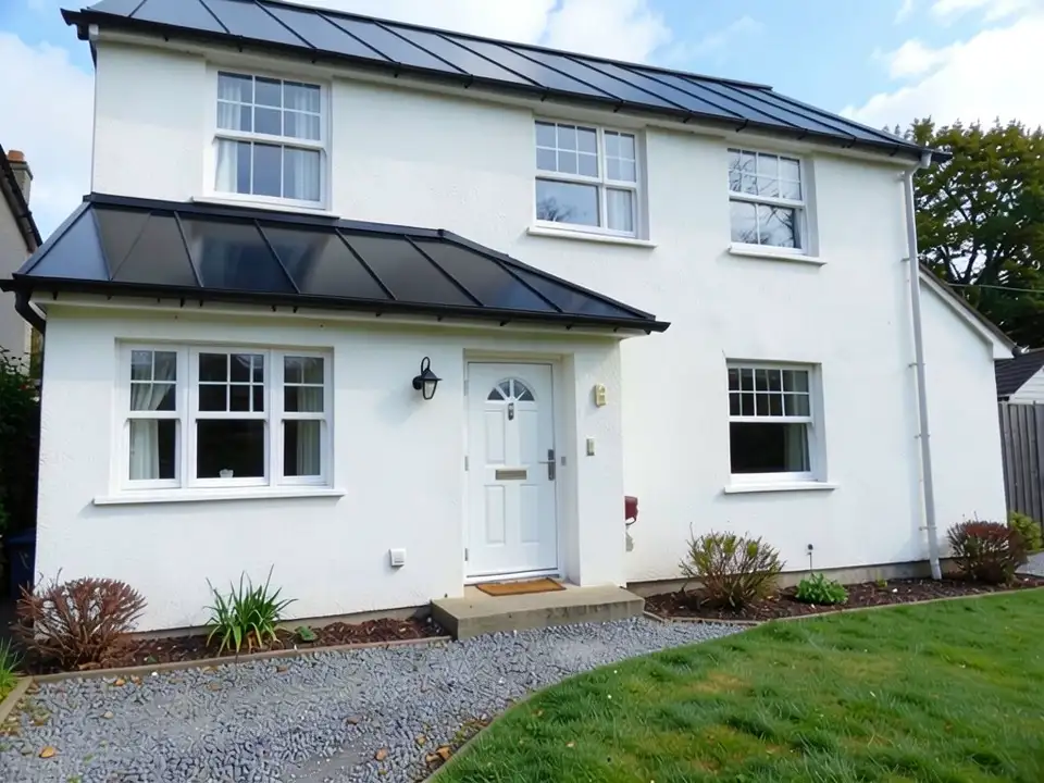 The same house with a black metal roof with raised seams on both the main roof and the lower roof; the white walls, trim, door, path and lawn kept