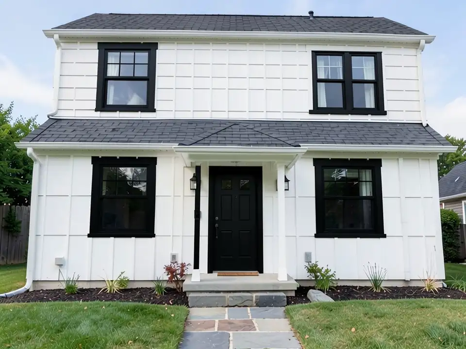 The same house with black window frames on all four front windows and a black front door; the white siding, porch, roof, walkway and lawn kept