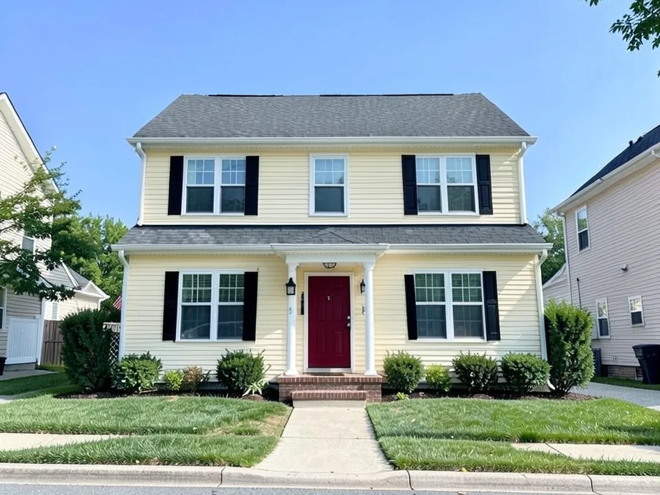 The same yellow house with black shutters beside the windows on both floors and a deep brick red front door; siding, trim and roof kept